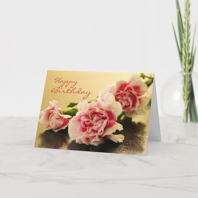 Cartão Happy Birthday Pink Carnations Floral (Frente)