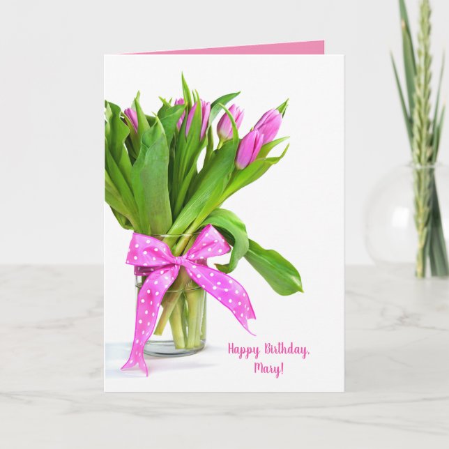 Cartão Happy Birthday pink tulips in vase (Frente)