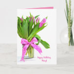 Cartão Happy Birthday pink tulips in vase<br><div class="desc">Pink tulip bouquet in vase on white background for birthday.
Name can be edited.</div>