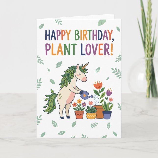 Cartão Happy Birthday Plant Lover Unicorn Watering Flower (Frente)