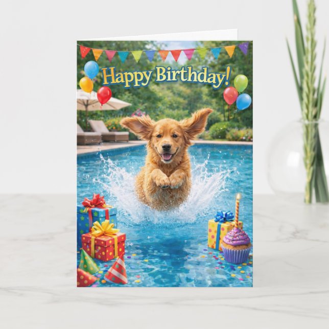 Cartão Happy Birthday Puppy Plunge Pool Party  (Frente)