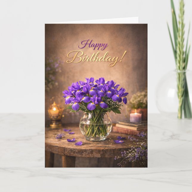 Cartão Happy Birthday Purple Iris Candlelight (Frente)