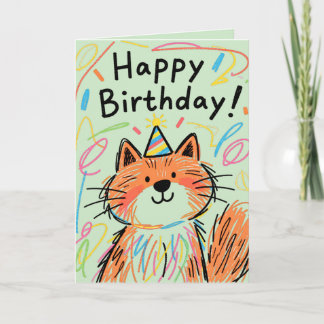 Cartão  Happy Birthday Scribble Cat Card Pastel Green