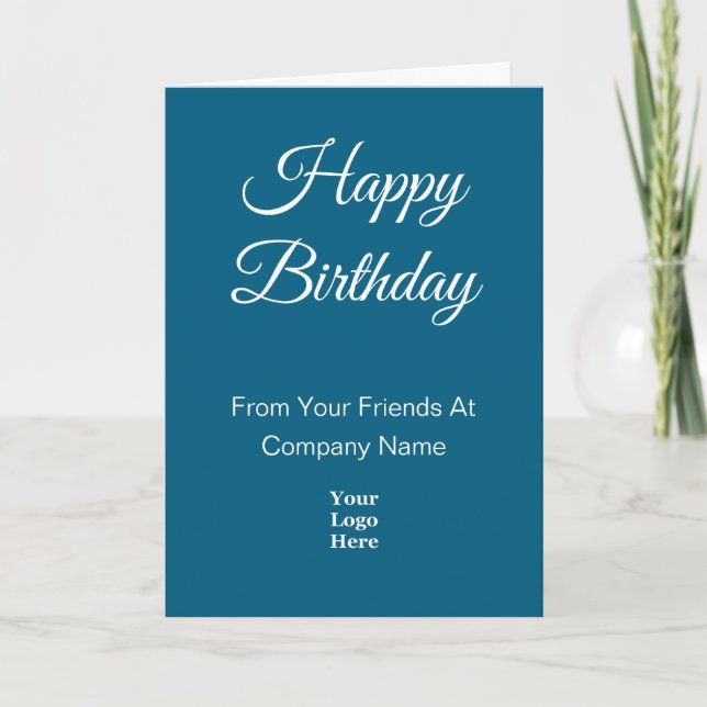 Cartão Happy Birthday Script Blue and White Business Logo (Frente)