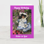 Cartão Happy Birthday sister in law  Black doll 3<br><div class="desc">A cute little black doll in Victorian style dress among flowers with the text Happy Birthday sister in law</div>
