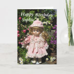 Cartão Happy Birthday Sophie<br><div class="desc">Happy Birthday Sophie text with little doll and flowers</div>