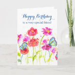 Cartão Happy Birthday Special Friend Blue Butterflies<br><div class="desc">A bright and cheerful birthday card to a very special friend decorated with colorful wildflowers painted in shades of pink and red watercolor with blue butterflies.  Lovely way to say happy birthday!</div>