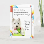 Cartão Happy Birthday Special Friend With A Westie<br><div class="desc">Isn't wonderful to have a best friend? Celebrate their Birthday by sending or giving them a special card on their special day. A White West Highland Terrier laying on a green pillows is on the front of this card along with yellow, red and blue party balloons in the white background.This...</div>