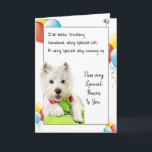 Cartão Happy Birthday Special Friend With A Westie<br><div class="desc">Isn't wonderful to have a best friend? Celebrate their Birthday by sending or giving them a special card on their special day. A White West Highland Terrier laying on a green pillows is on the front of this card along with yellow, red and blue party balloons in the white background.This...</div>