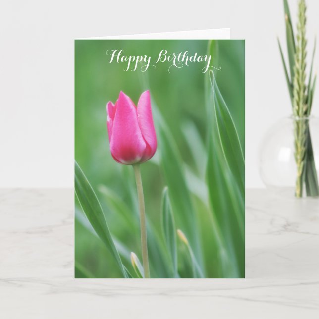 Cartão Happy Birthday, Spring Pink Tulip Flower (Frente)