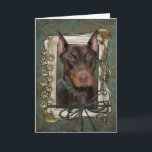 Cartão Happy Birthday - Stone Paws - Doberman - Rocky<br><div class="desc">What could say Happy Birthday better than this Doberman Dog helping you to celebrate! How would you enjoy a day with your friends and their fur-babies? Have a fun day and earn a FREE Gift! Pick a date and an area at your home where I can set up a photo...</div>