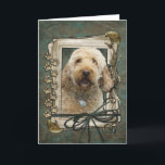 Cartão Happy Birthday - Stone Paws - GoldenDoodle<br><div class="desc">What could say Happy Birthday better than this GoldenDoodle Dog helping you to celebrate! How would you enjoy a day with your friends and their fur-babies? Have a fun day and earn a FREE Gift! Pick a date and an area at your home where I can set up a photo...</div>