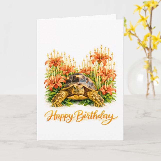 Cartão Happy Birthday Sulcata turtle with Orange Lilies (Flor Amarela)