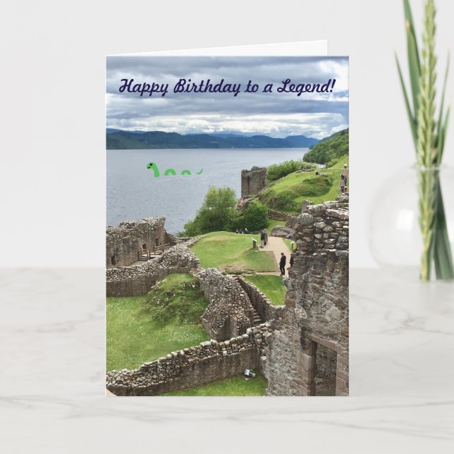 Cartão Happy Birthday to a Legend Cartoon Nessie in Loch (Frente)