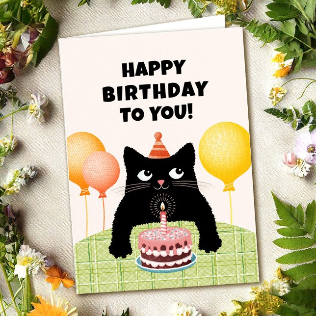 Cartão Happy Birthday to you with black kitten and cake (Criador carregado)