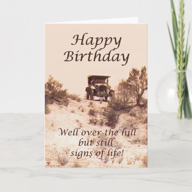 Cartão Happy Birthday, vintage card, over the hill, humor (Frente)