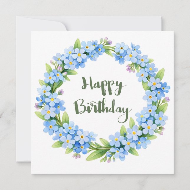 Cartão Happy Birthday Watercolor Forget Me Not Flowers  (Frente)