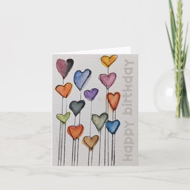 Cartão Happy Birthday Watercolor Hearts Card (Frente)