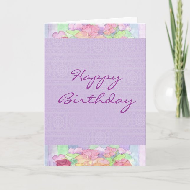 Cartão Happy Birthday Watercolor Lavender Pansy Garden (Frente)