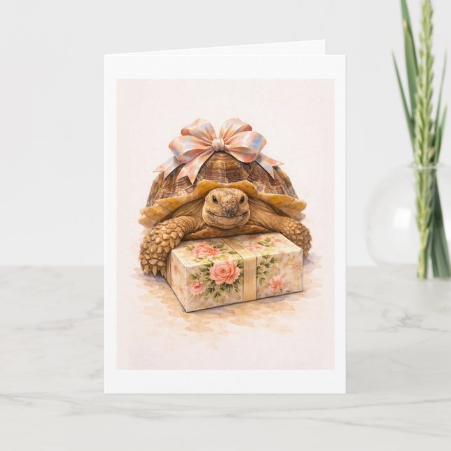 Cartão Happy Birthday Watercolor Sulcata turtle present (Frente)