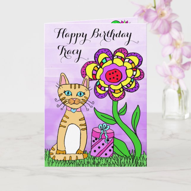 Cartão Happy Birthday Whimsical Cat and Flowers (Orquídea)
