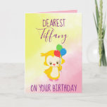 Cartão Happy Birthday Wishes Personalize<br><div class="desc">Personalize this Happy birthday wishes birthday card. This lovely card features a pink and yellow background, with "Dearest" written at the top in purple font. Underneath is a template for inserting a name. There is an owl holding balloons in the middle with "On Your Birthday" written in fun font. The...</div>