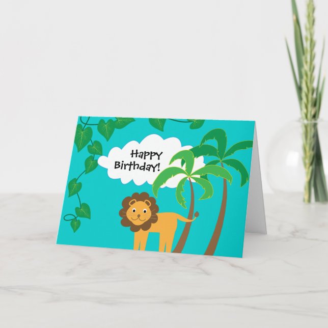 Cartão Happy Birthday with Cute Lion in Jungle (Frente)