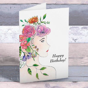 Cartão Happy Birthday Woman With Flowers Illustration