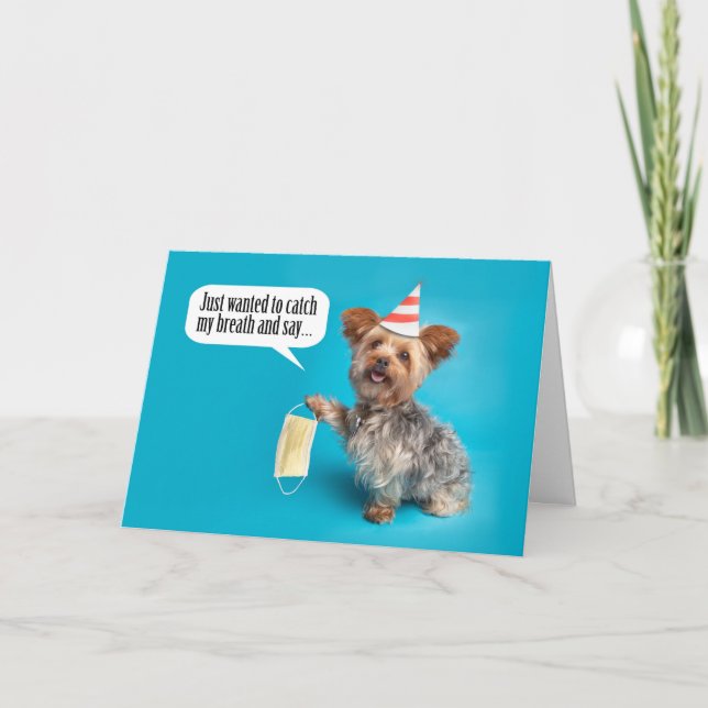 Cartão Happy Birthday Yorkie Dog With Face Mask (Frente)