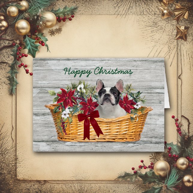 Cartão Happy Christmas Boston Terrier Dog in Basket (Criador carregado)