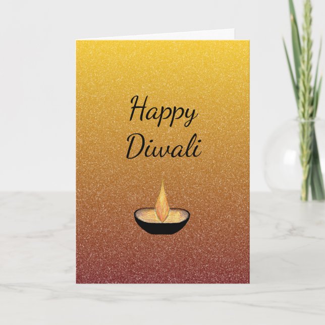 Cartão Happy Diwali Glitter Dourado Elegante Diya Flame (Frente)