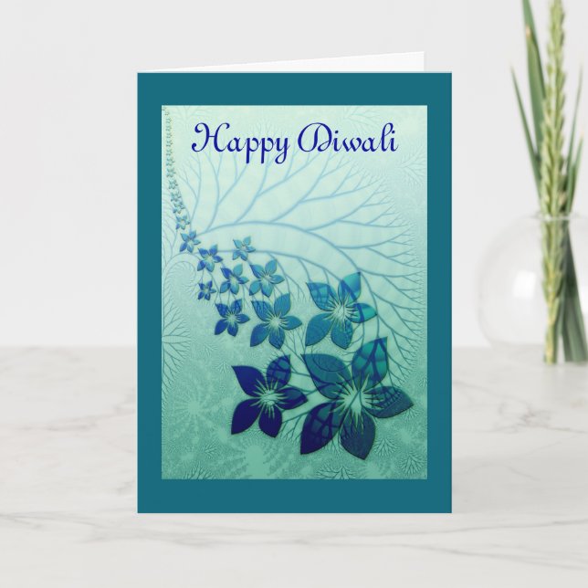 Cartão Happy Diwali with blue flower scrolls (Frente)