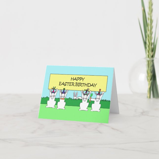 Cartão Happy Easter Birthday Rabbits in Party Hats (Frente)