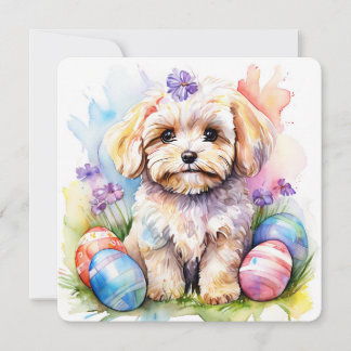 Cartão Happy Easter Card Cute Maltipoo Watercolor Dog