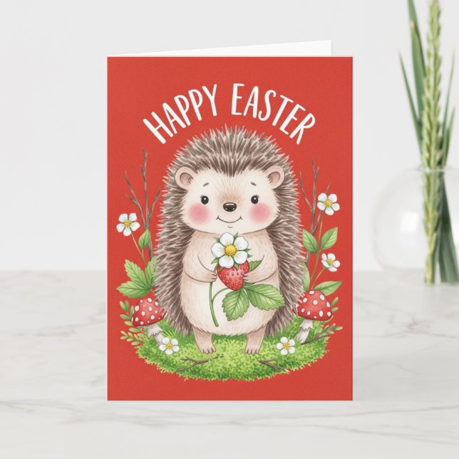 Cartão Happy Easter Cute Hedgehog Holding Strawberry  (Frente)