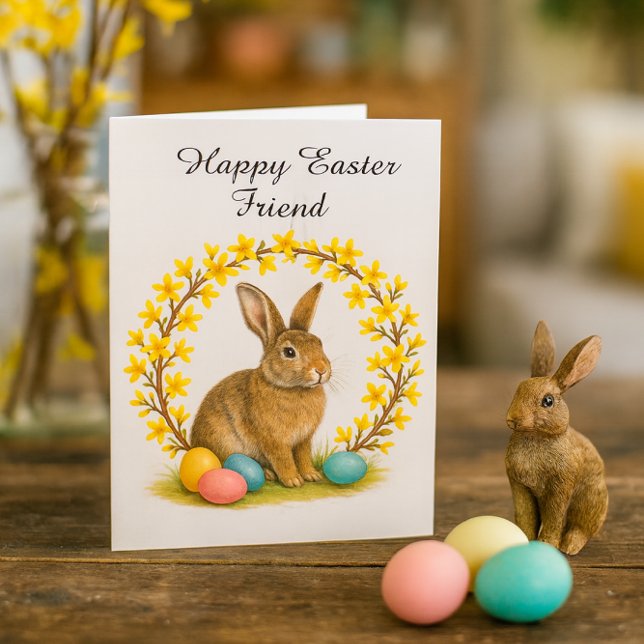 Cartão Happy Easter Friend Folded Greeting Card (Rustic Easter card scene with bunny figurine, pastel eggs, and forsythia on warm pine table.)