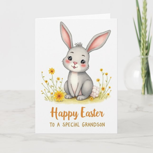 Cartão Happy Easter Grandson Cute Bunny Card (Frente)