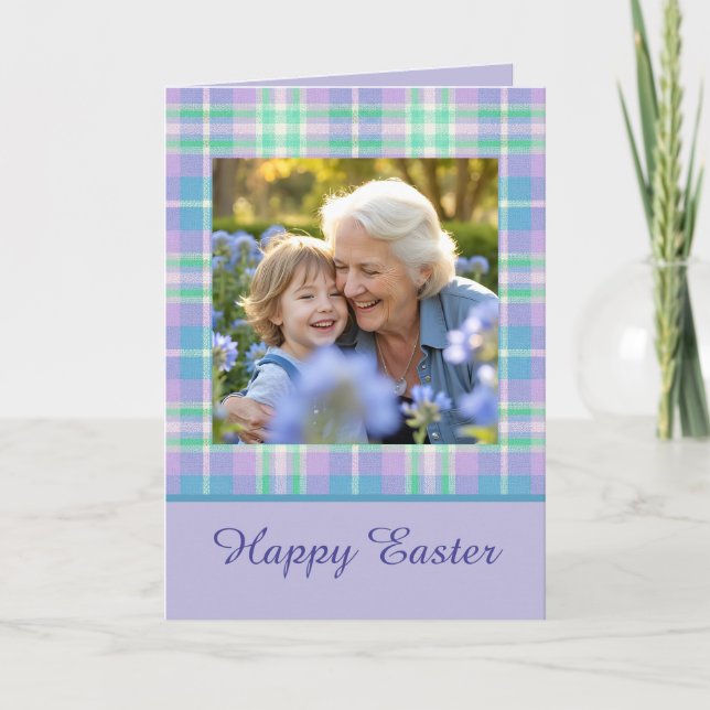 Cartão Happy Easter Plaid One Photo Purple Blue Pastel (Frente)