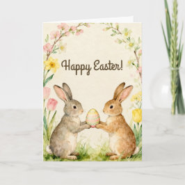 Cartão Happy Easter Vintage Bunnies with Egg