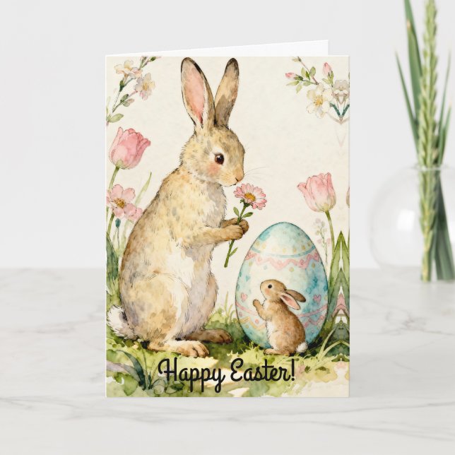 Cartão Happy Easter Vintage Bunny Family Illustration (Frente)