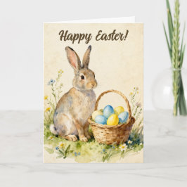 Cartão Happy Easter Vintage Bunny with Egg Basket