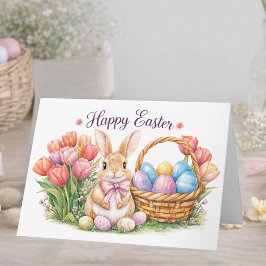 Cartão Happy Easter Watercolor Bunny Card | Tulips