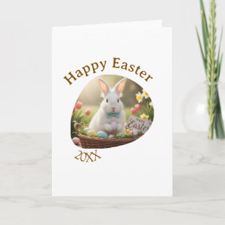 Cartão Happy Easter white bunny year photo family name 