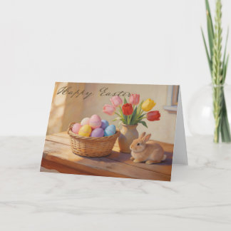 Cartão Happy Easter with Colorful Eggs and Tulips