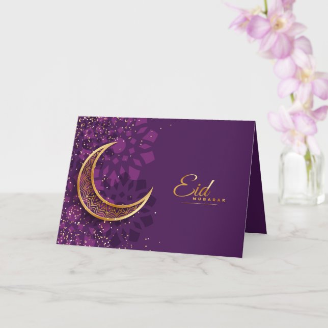Cartão Happy Eid Mubarak Golden Crescent Confetti Purple (Orquídea)