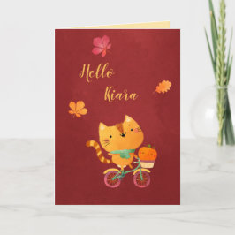 Cartão Happy Fall Halloween Thanksgiving Bike Cat Pumpkin
