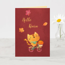 Cartão Happy Fall Halloween Thanksgiving Bike Cat Pumpkin