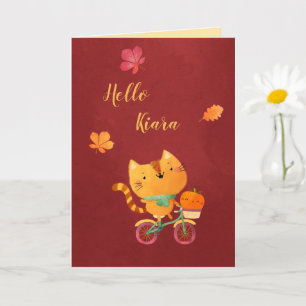 Cartão Happy Fall Halloween Thanksgiving Bike Cat Pumpkin