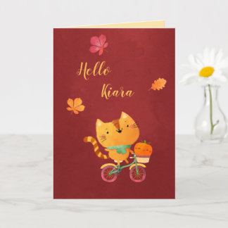 Cartão Happy Fall Halloween Thanksgiving Bike Cat Pumpkin