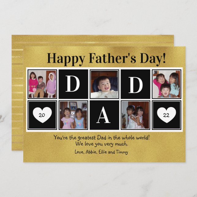 Cartão Happy Father's Day 5 Photo Gold Flat Greeting Card (Frente/Verso)